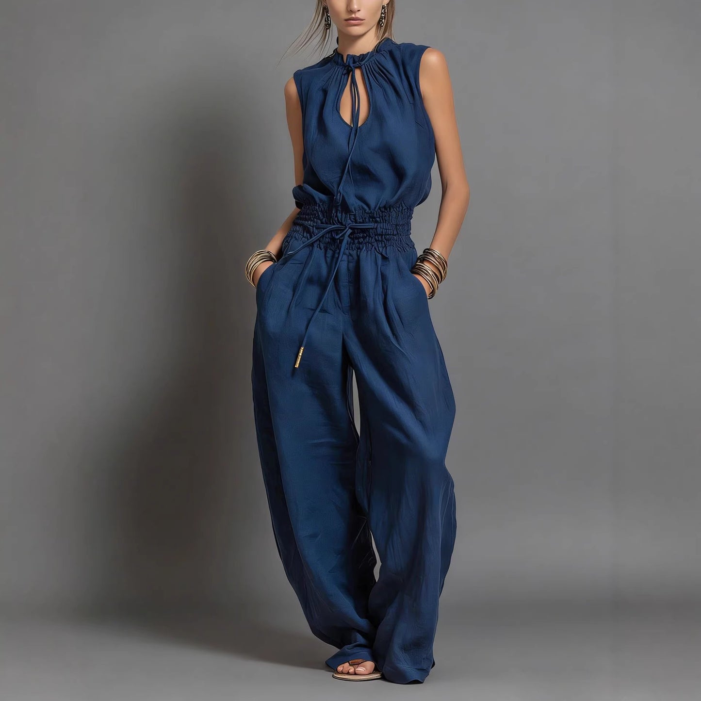 Personalized Street-style Loose-fitting Sleeveless Waist-cinching Wide-leg Jumpsuit