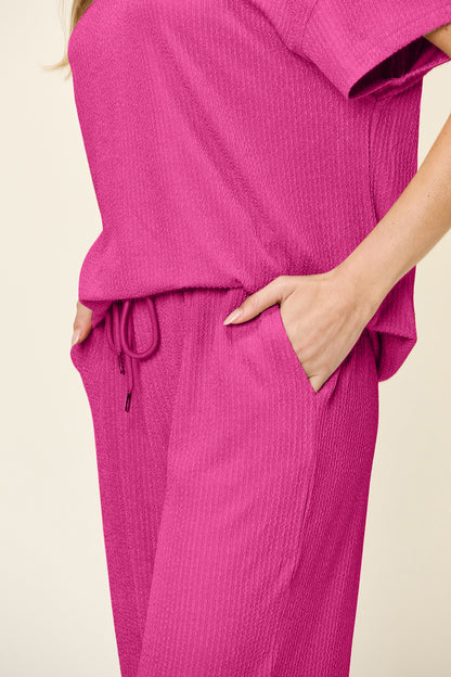 Double Take Full Size Texture Round Neck Short Sleeve T-Shirt and Wide Leg Pants – product image 20