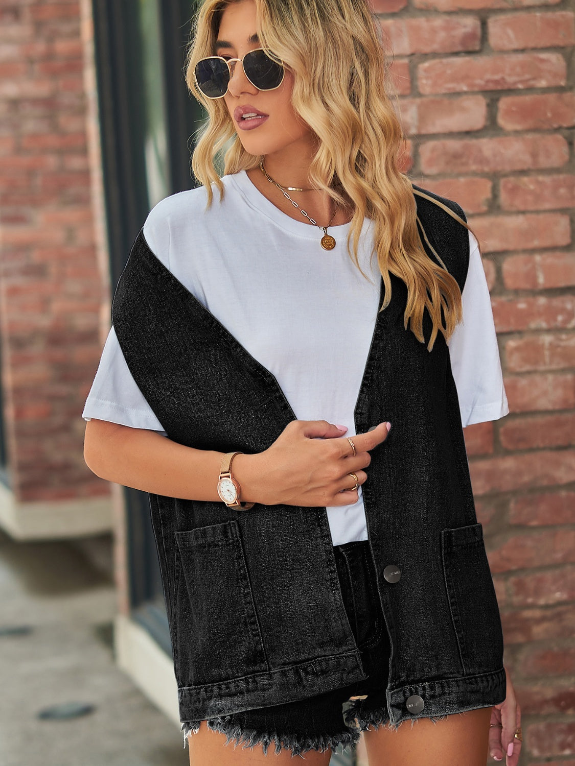 Full Size V-Neck Button Up Denim Vest – product image 9