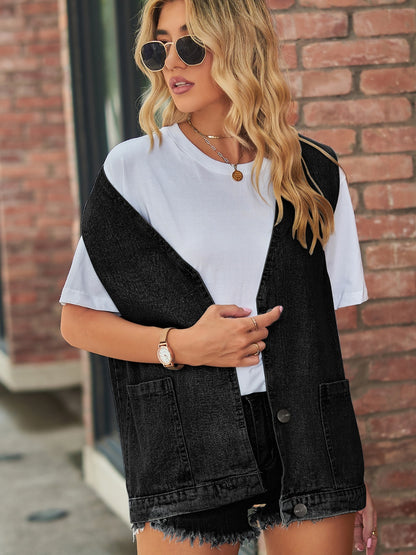 Full Size V-Neck Button Up Denim Vest – product image 9