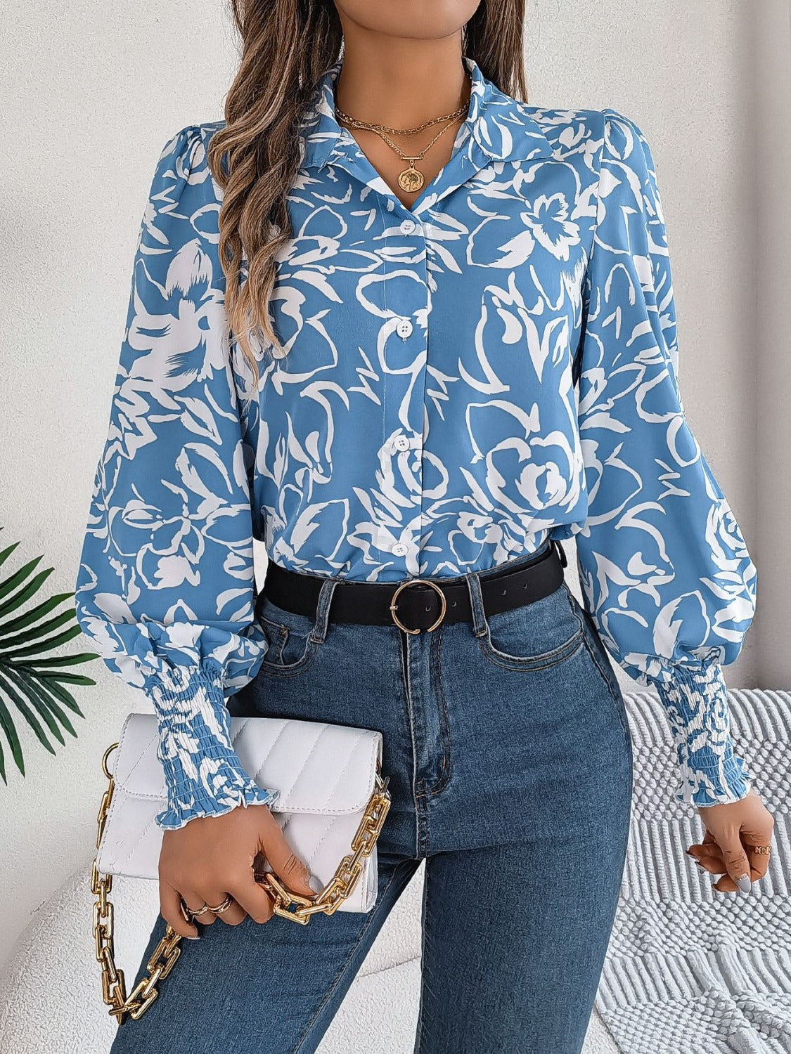 Printed Collared Neck Lantern Sleeve Shirt – product image 1