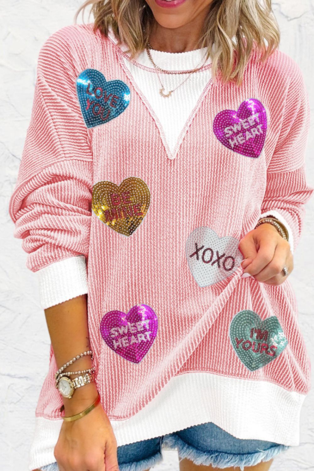 Valentine’s Day Sequin Heart Long Sleeve Sweatshirt – product image 1