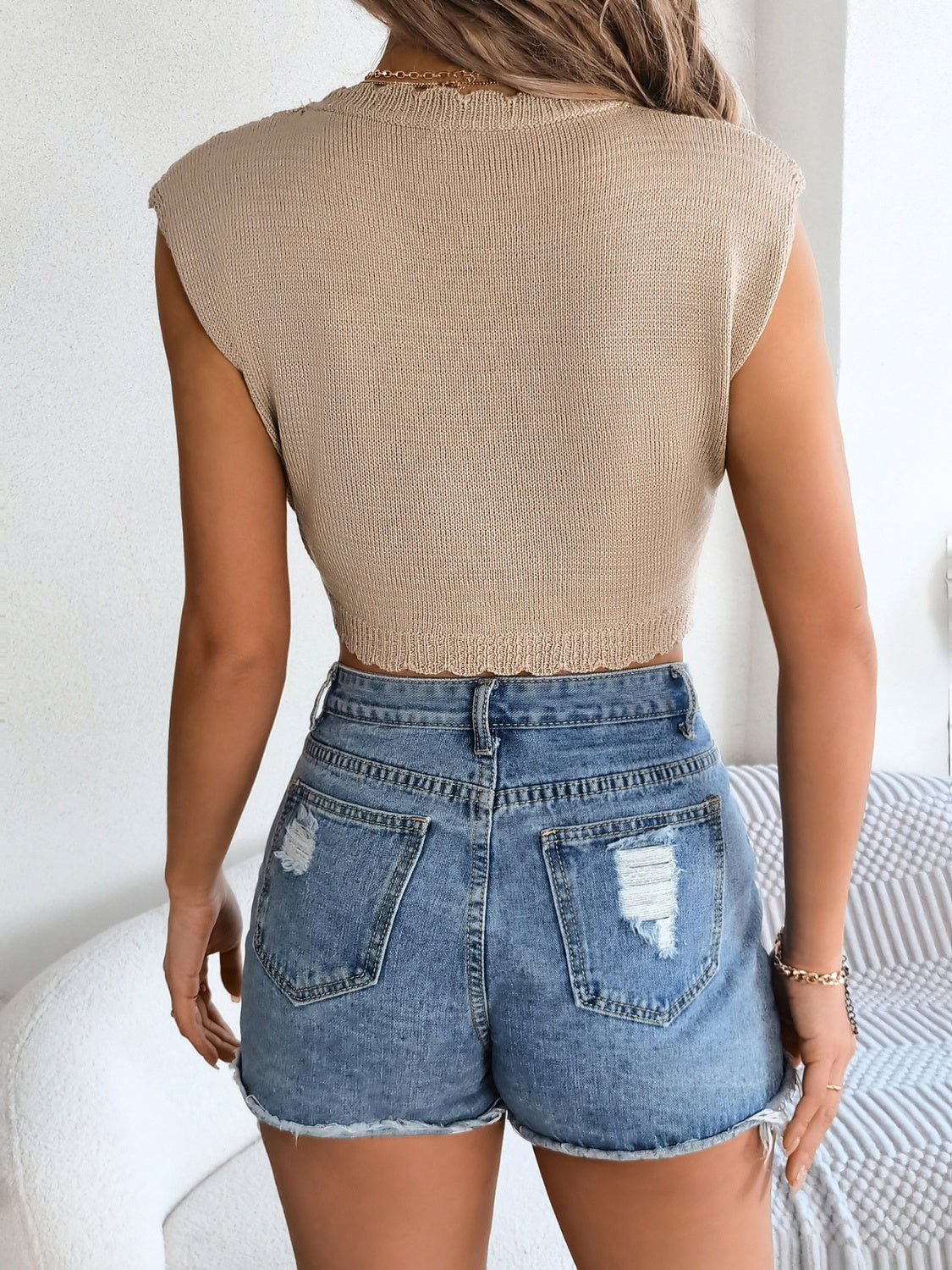 Openwork Round Neck Cap Sleeve Knit Top – product image 5