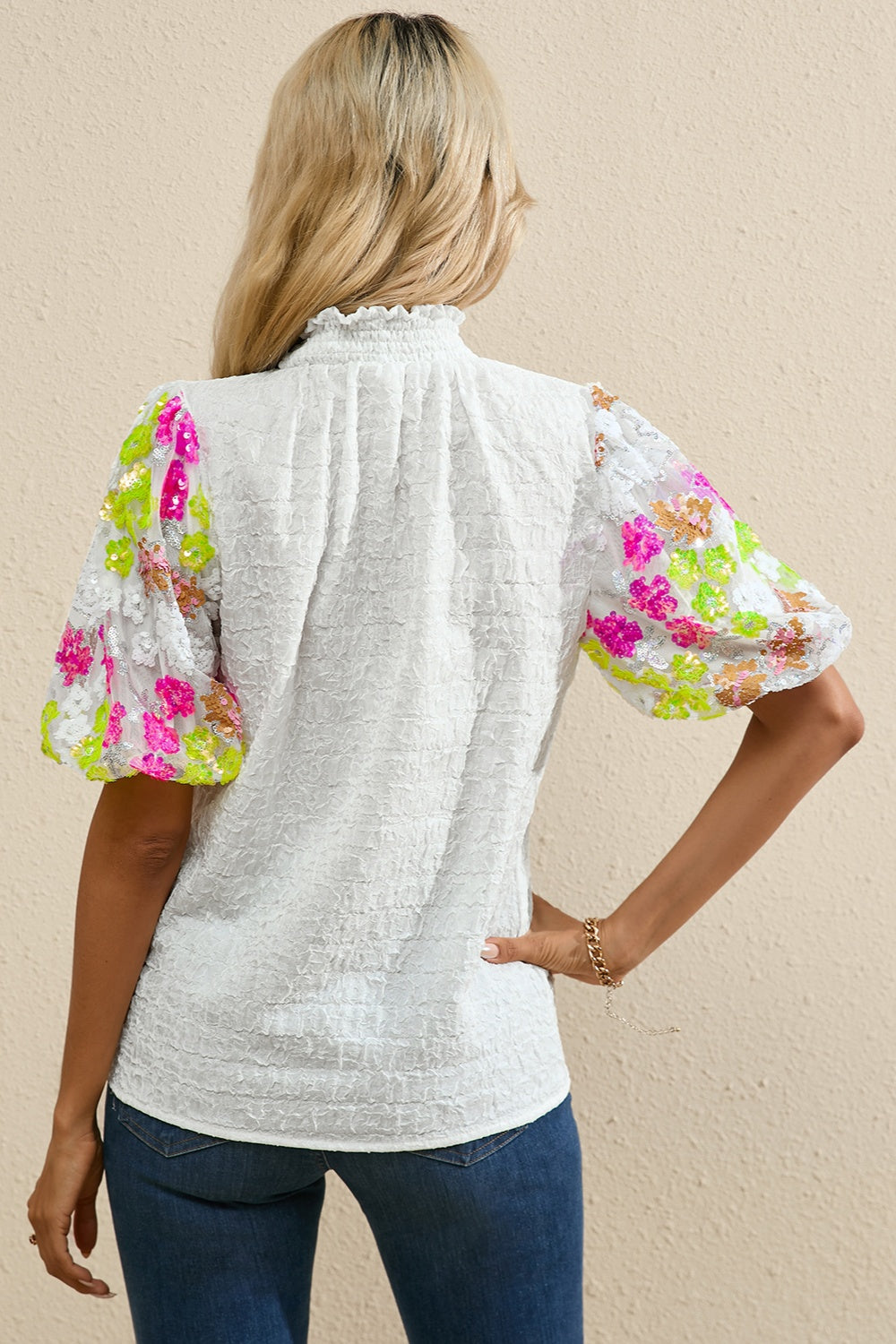 Sequin Flower Mock Neck Half Sleeve Blouse – product image 3