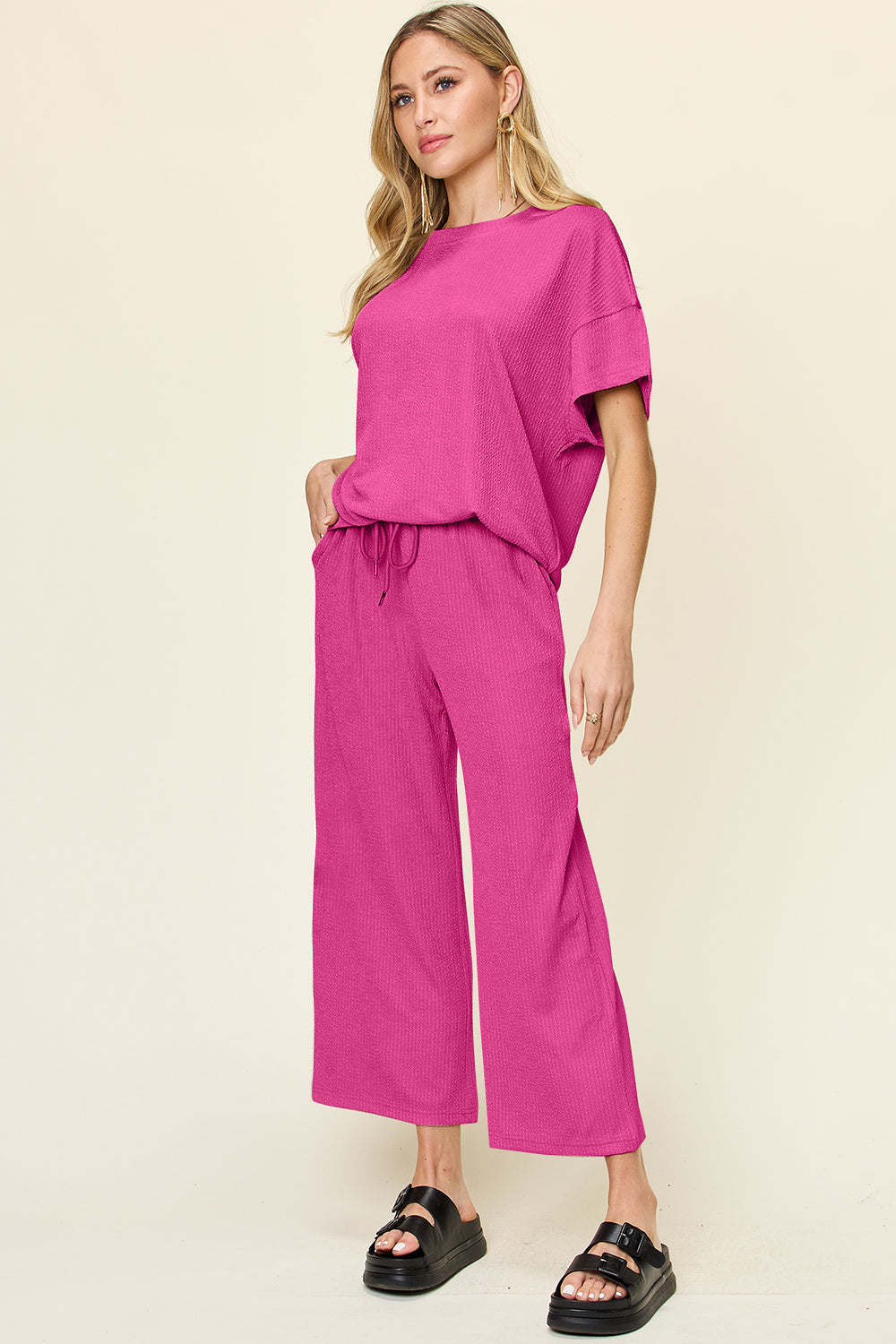 Double Take Full Size Texture Round Neck Short Sleeve T-Shirt and Wide Leg Pants – product image 17