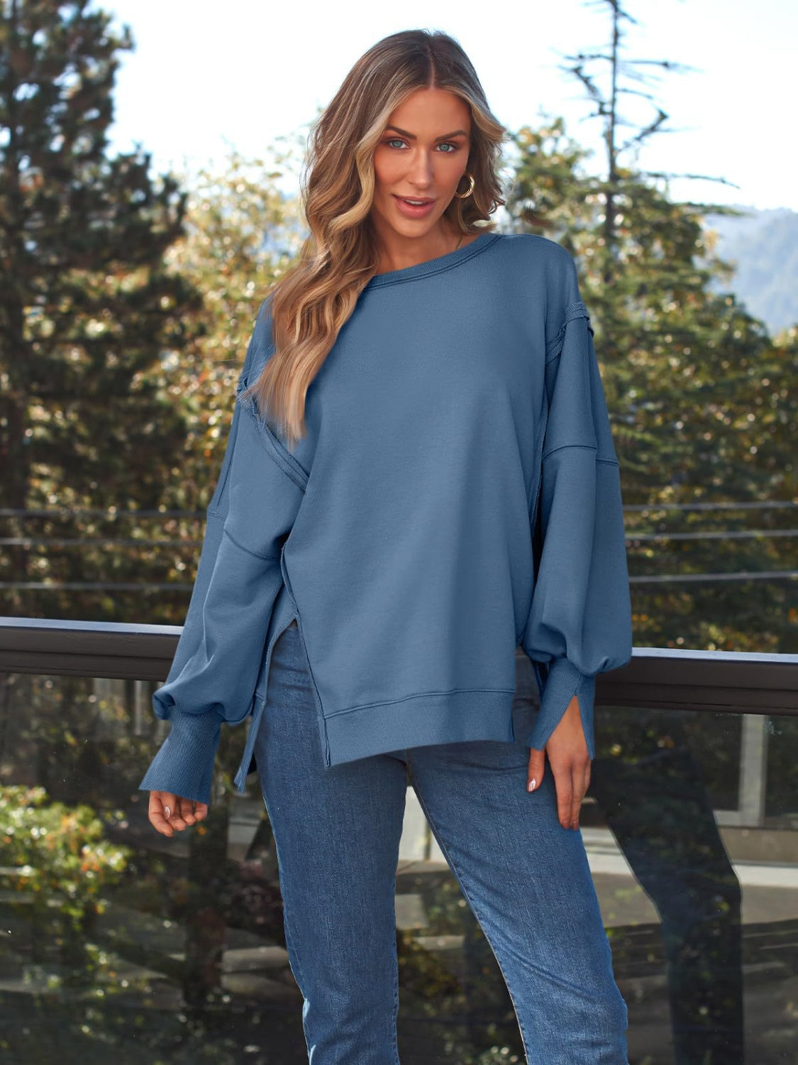 Slit Round Neck Long Sleeve Sweatshirt – product image 7