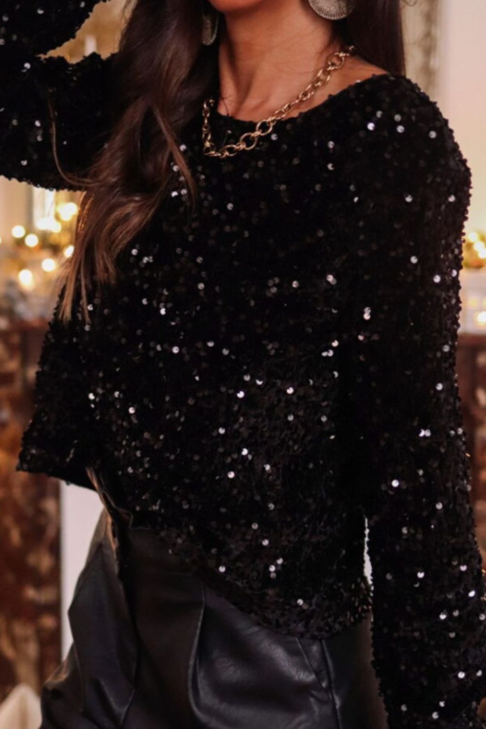 Sequin Round Neck Long Sleeve Blouse – product image 2