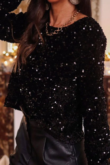 Sequin Round Neck Long Sleeve Blouse – product image 2