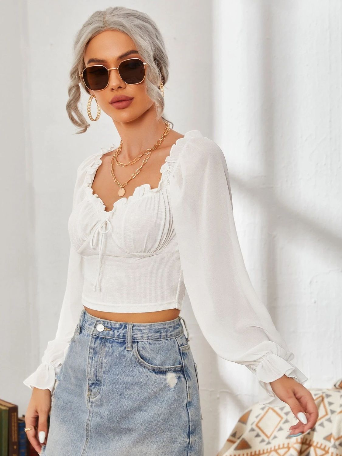 Mesh Sweetheart Neck Flounce Sleeve Top – product image 4