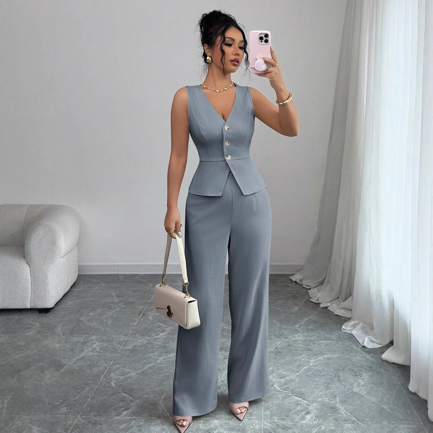 Summer Sleeveless Suit Slim V-neck Vest And High Waist Trousers Women's Two-piece Set