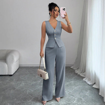 Summer Sleeveless Suit Slim V-neck Vest And High Waist Trousers Women's Two-piece Set