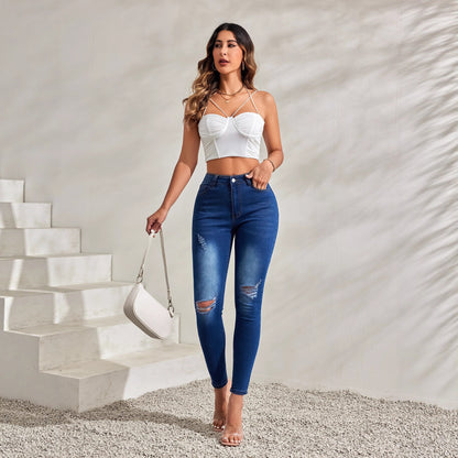 Women's Low-Waist Versatile Casual Slim-Fit Ripped Jeans With A Slight Stretch