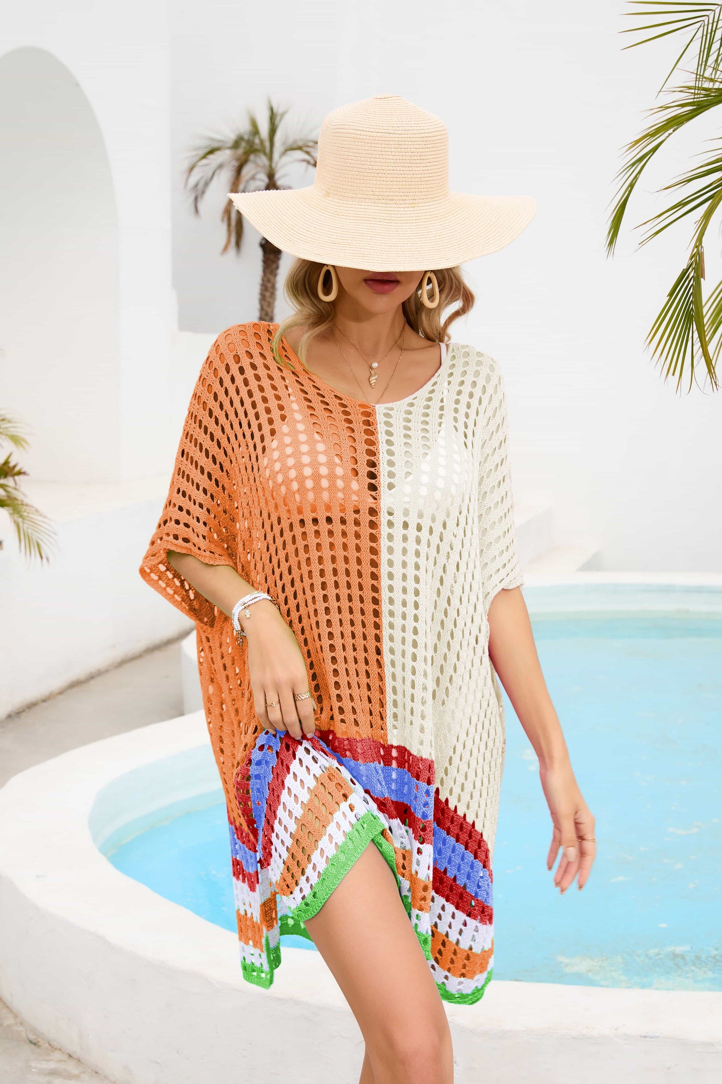 Contrast Scoop Neck Openwork Half Sleeve Cover Up – product image 7