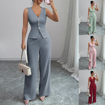 Summer Sleeveless Suit Slim V-neck Vest And High Waist Trousers Women's Two-piece Set