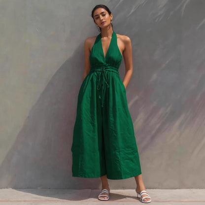 Womens New Arrival Linen Resort-Style V-Neck Lace-Up Jumpsuit