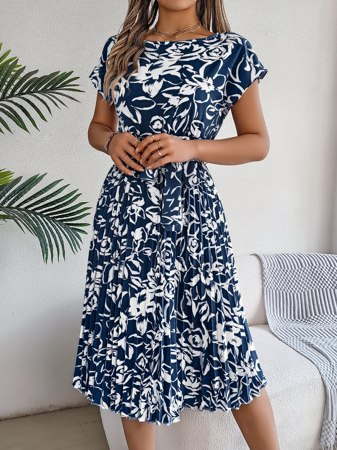 Tied Pleated Printed Short Sleeve Dress – product image 2