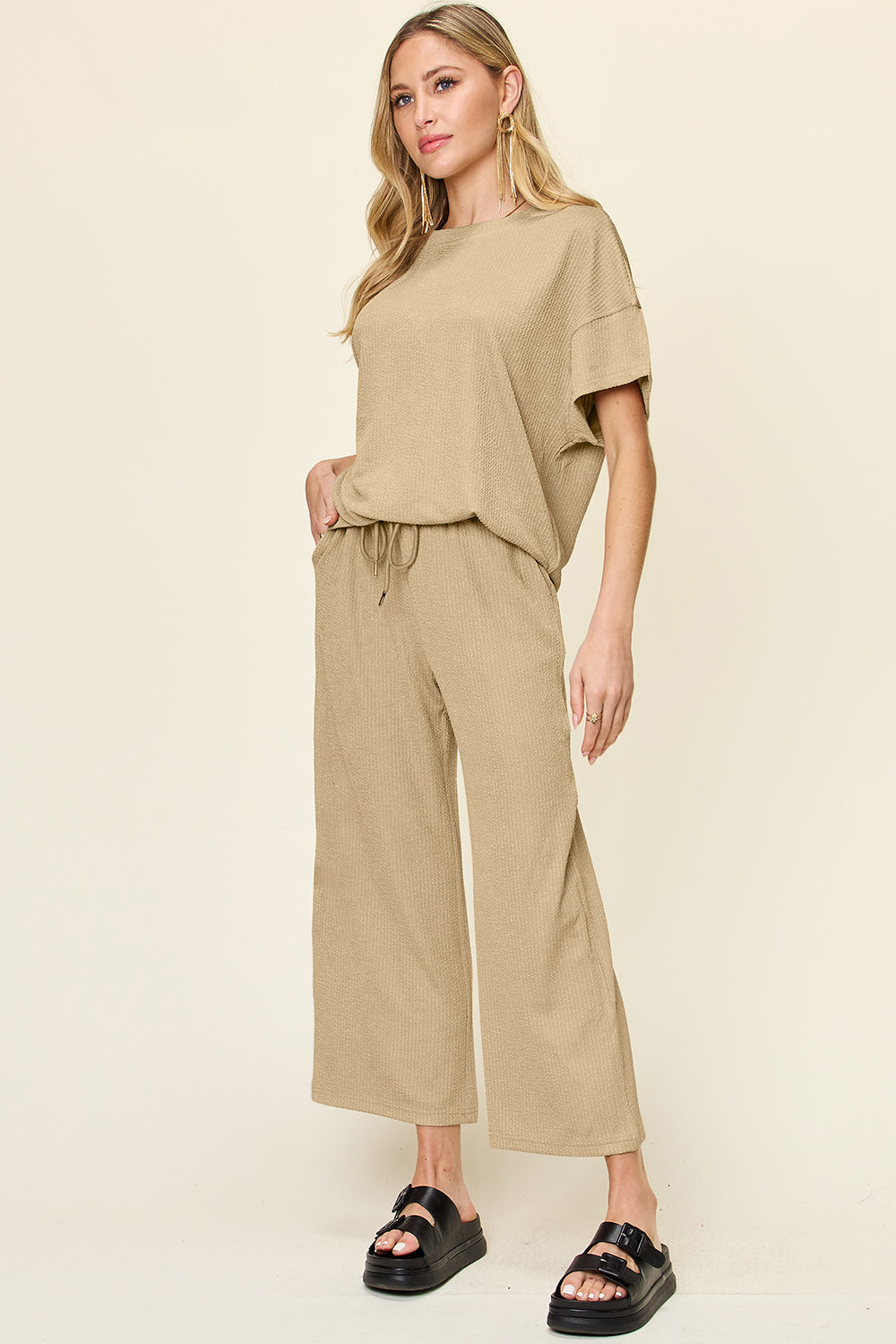 Double Take Full Size Texture Round Neck Short Sleeve T-Shirt and Wide Leg Pants – product image 34
