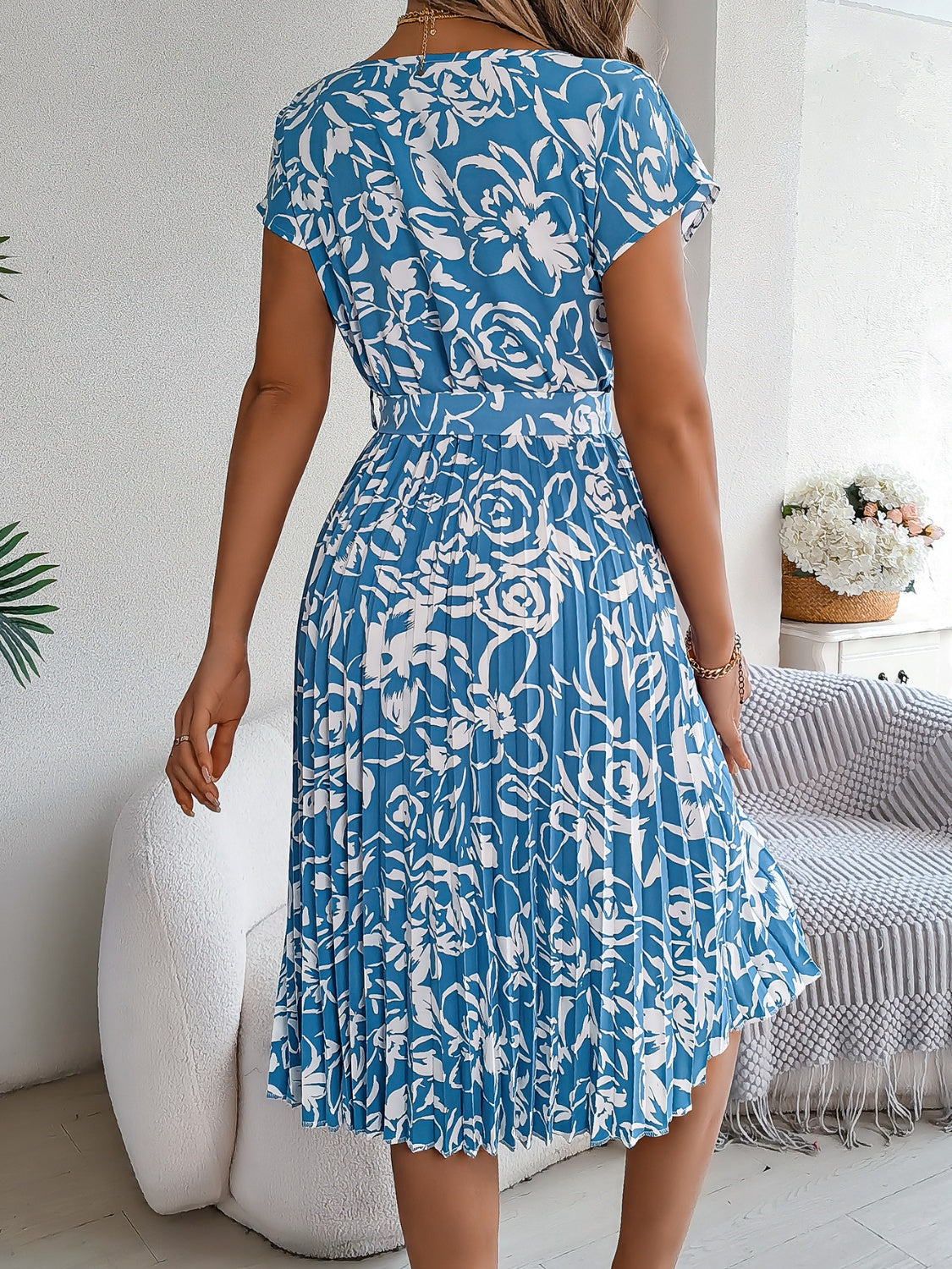 Tied Pleated Printed Short Sleeve Dress – product image 12