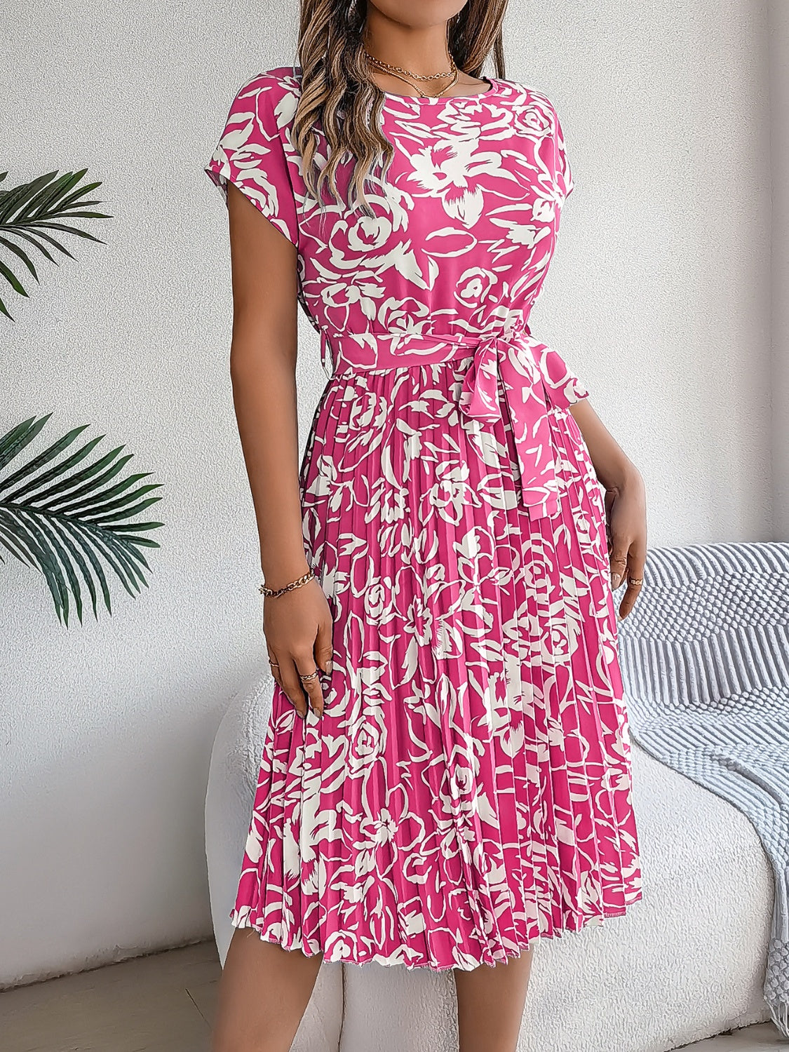Tied Pleated Printed Short Sleeve Dress – product image 5