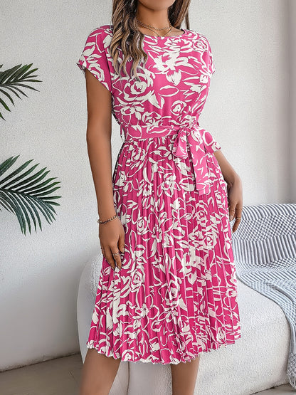 Tied Pleated Printed Short Sleeve Dress – product image 5
