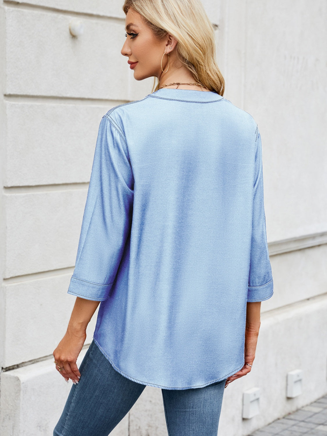 Notched Three-Quarter Sleeve Denim Top – product image 6