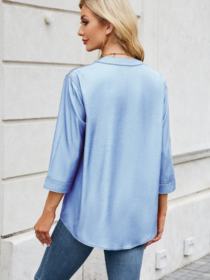 Notched Three-Quarter Sleeve Denim Top – product image 6