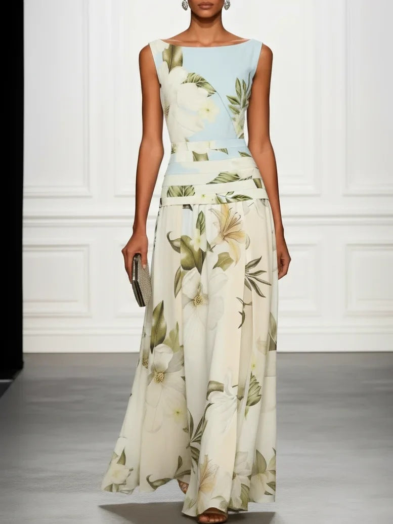 Sexy V-neck Retro Floral Print Women Dress Sleeveless Backless Waist Slim Long Dress