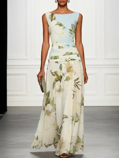 Sexy V-neck Retro Floral Print Women Dress Sleeveless Backless Waist Slim Long Dress