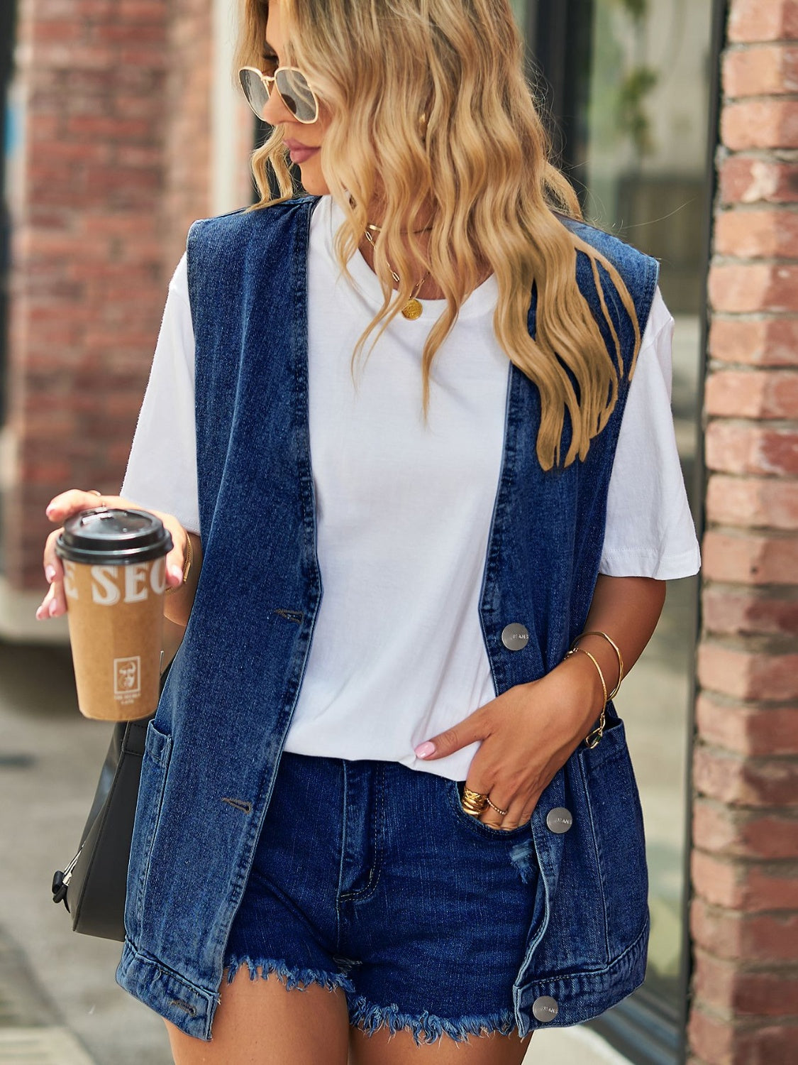 Full Size V-Neck Button Up Denim Vest – product image 4