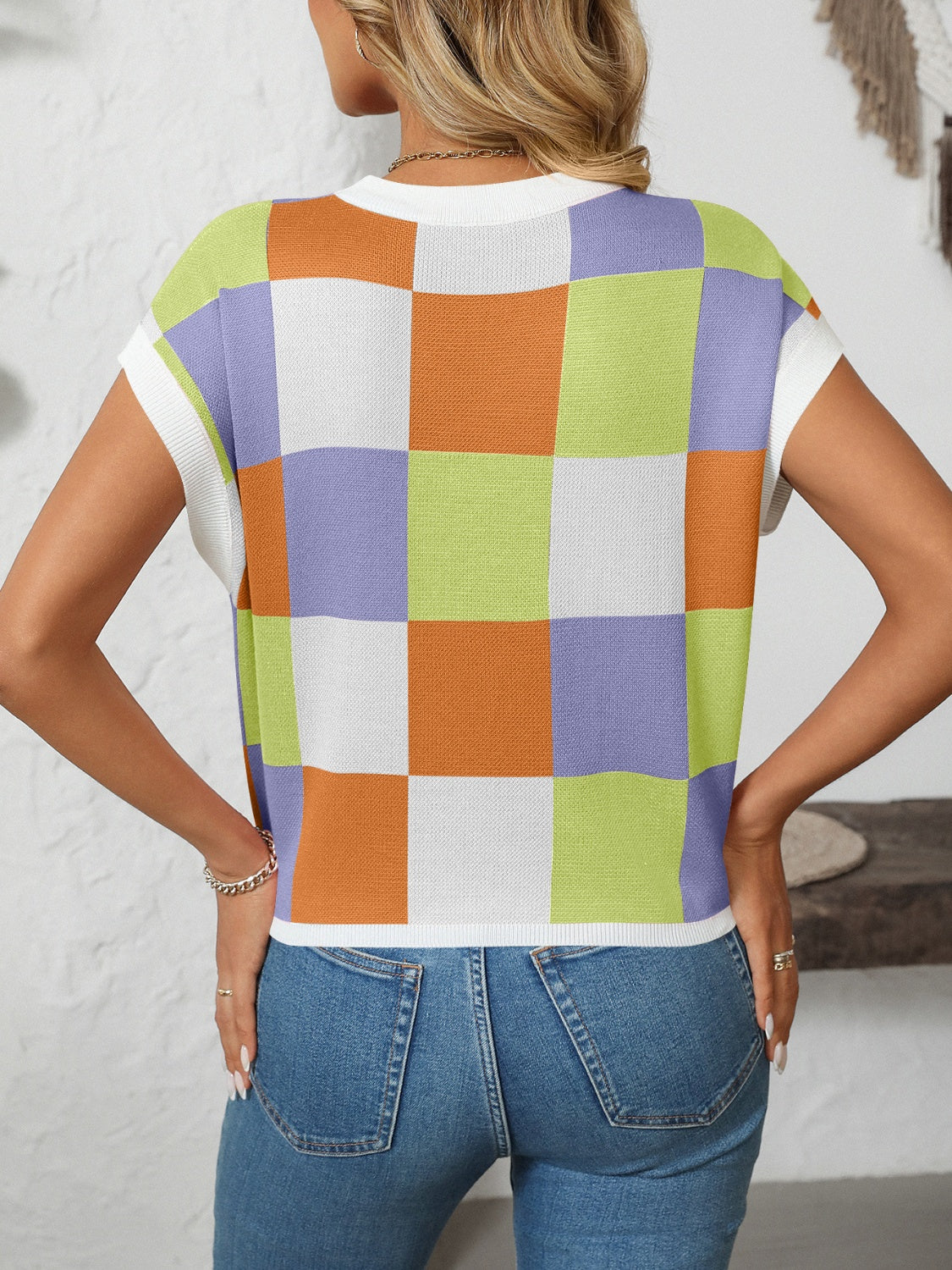 Mandy Checkered Round Neck Cap Sleeve Knit Top – product image 24