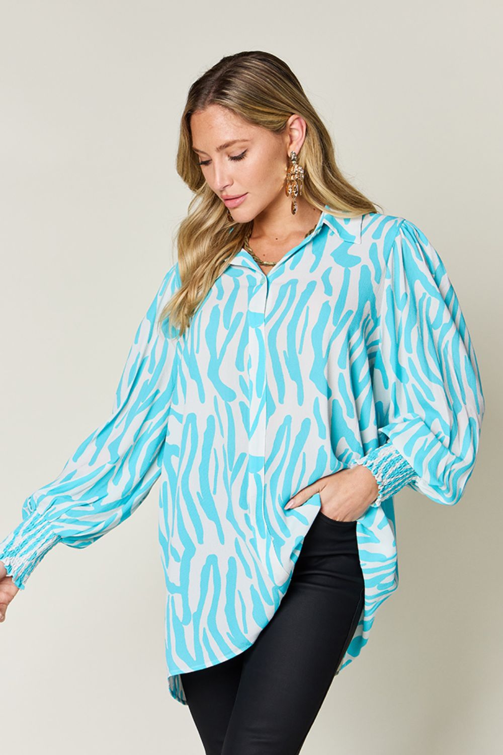 Double Take Full Size Printed Smocked Long Sleeve Blouse – product image 17