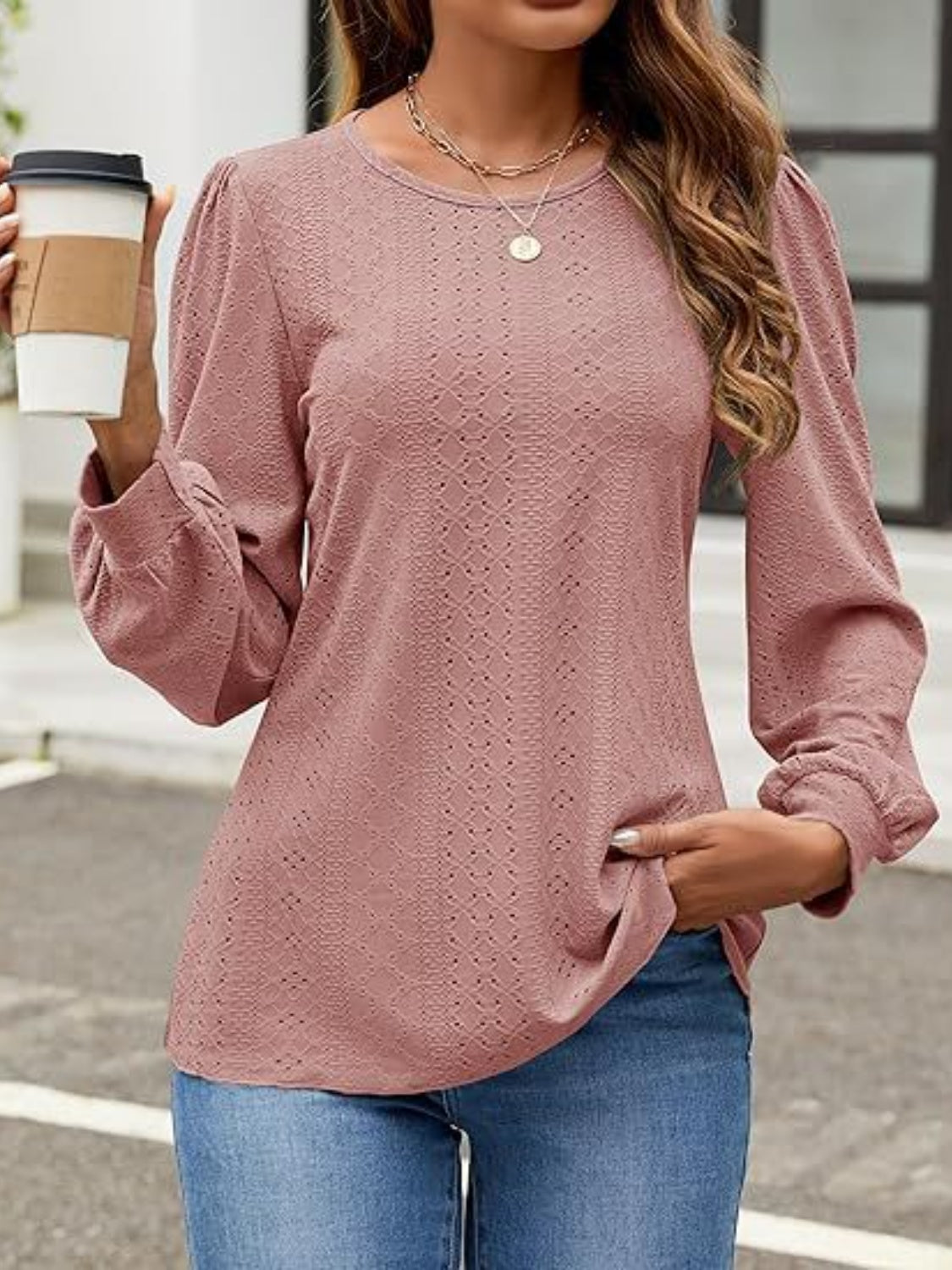 Eyelet Round Neck Long Sleeve Top – product image 21