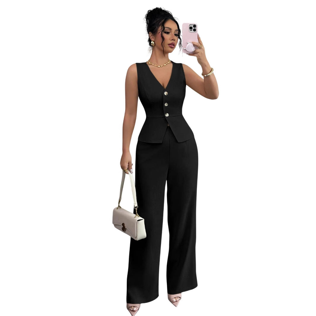 Summer Sleeveless Suit Slim V-neck Vest And High Waist Trousers Women's Two-piece Set