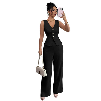 Summer Sleeveless Suit Slim V-neck Vest And High Waist Trousers Women's Two-piece Set