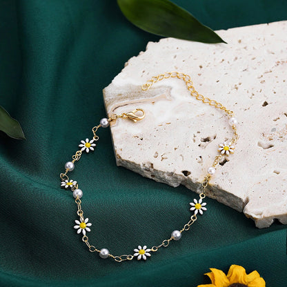 Fashion Foot Ornaments Summer Beach Daisy Pearl Anklet For Women
