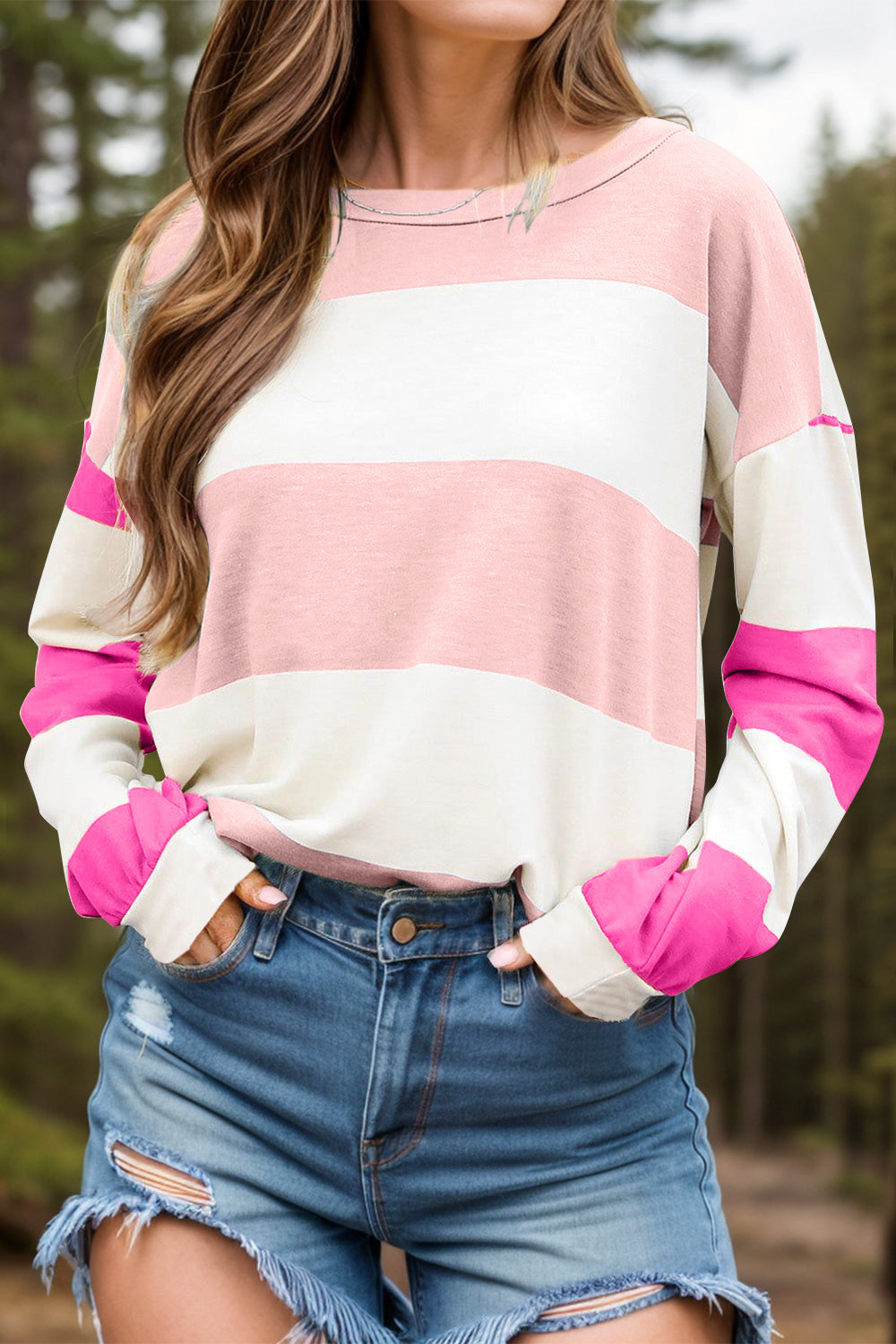 Contrast Color Block Round Neck Long Sleeve Top – product image 1