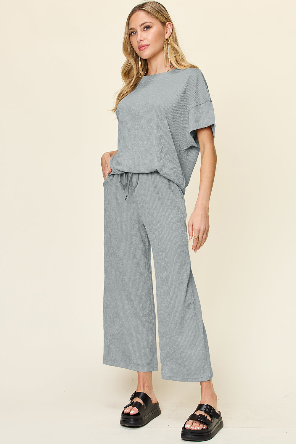 Double Take Full Size Texture Round Neck Short Sleeve T-Shirt and Wide Leg Pants – product image 25
