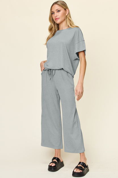 Double Take Full Size Texture Round Neck Short Sleeve T-Shirt and Wide Leg Pants – product image 25