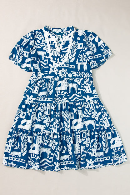 Printed Notched Short Sleeve Mini Dress – product image 1