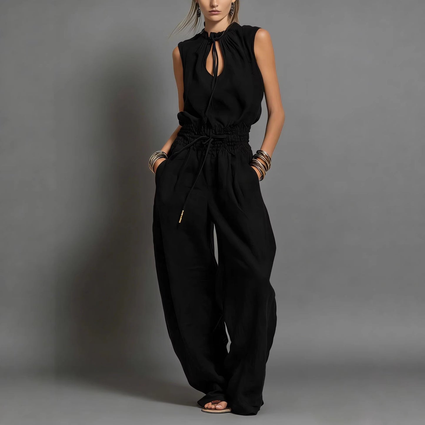 Personalized Street-style Loose-fitting Sleeveless Waist-cinching Wide-leg Jumpsuit