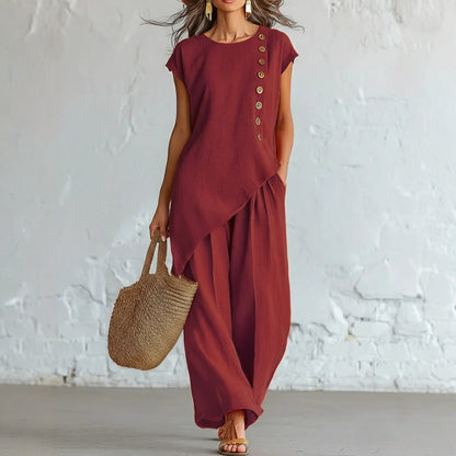 Womens Solid-Color Crew-Neck Buttoned Short-Sleeve Wide-Leg Pants Set