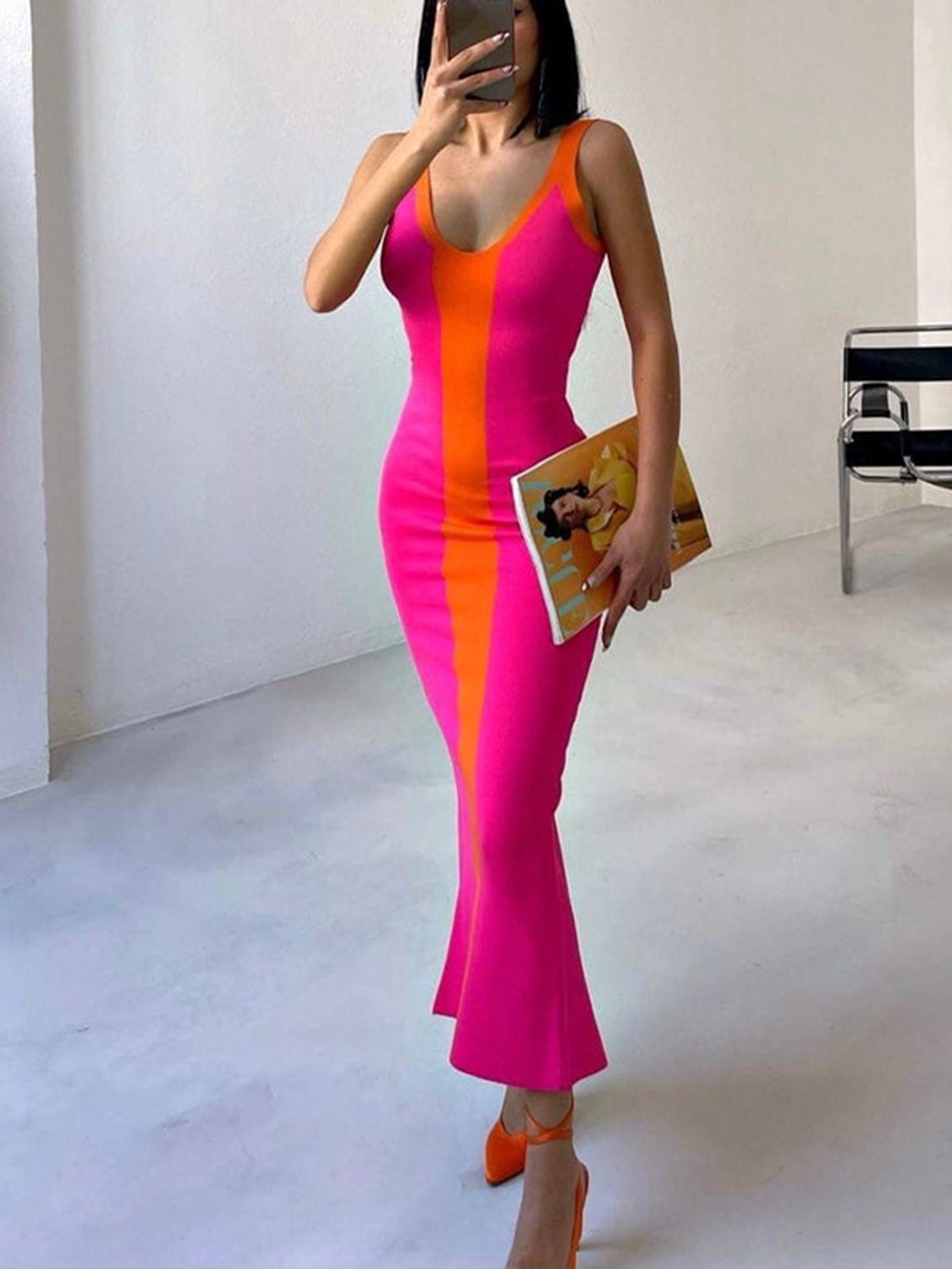 Contrast Wide Strap Slit Midi Dress – product image 16