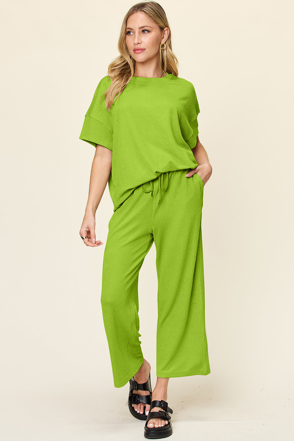 Double Take Full Size Texture Round Neck Short Sleeve T-Shirt and Wide Leg Pants – product image 13