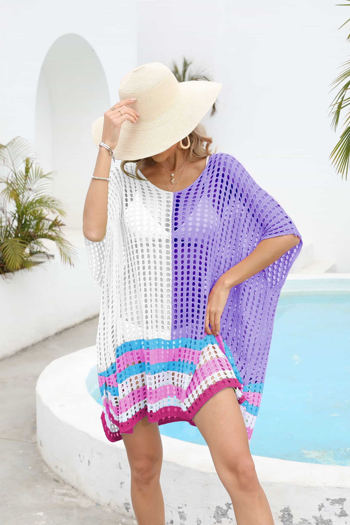Contrast Scoop Neck Openwork Half Sleeve Cover Up – product image 5