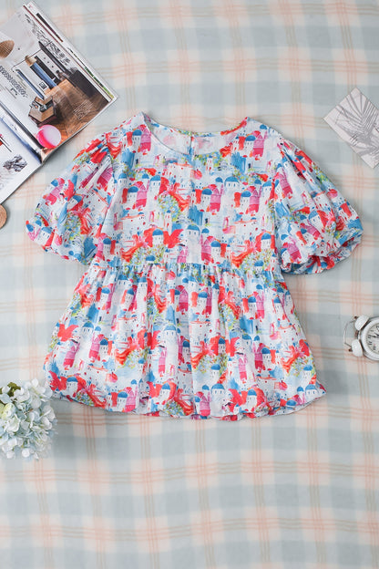 Printed Round Neck Puff Sleeve Blouse – product image 6