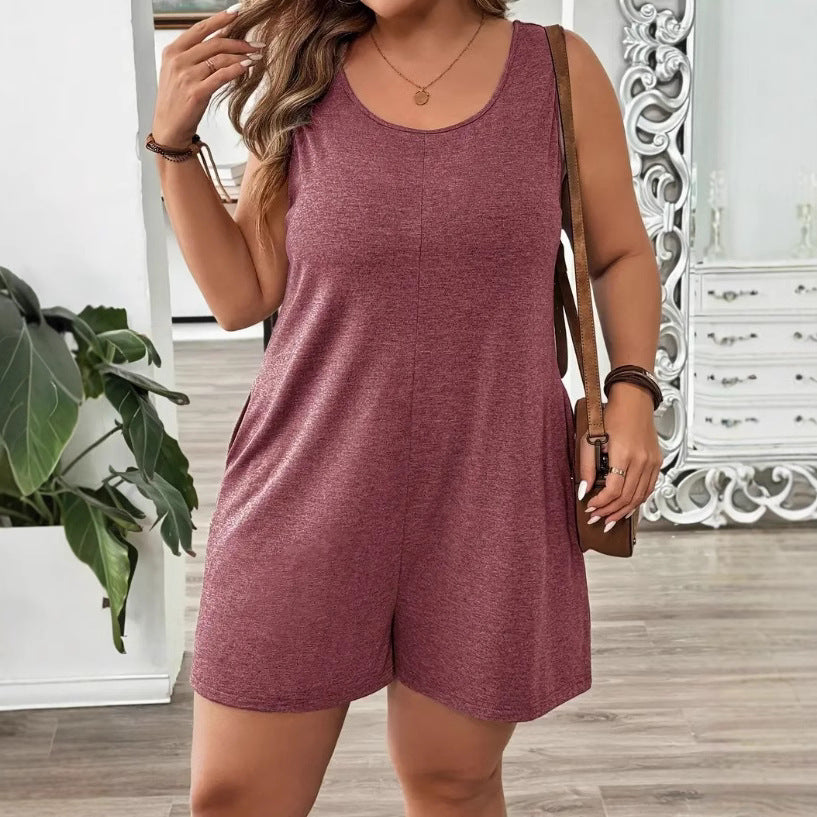 Solid-color Sleeveless Jumpsuit Casual Pocketed Crew-neck Romper