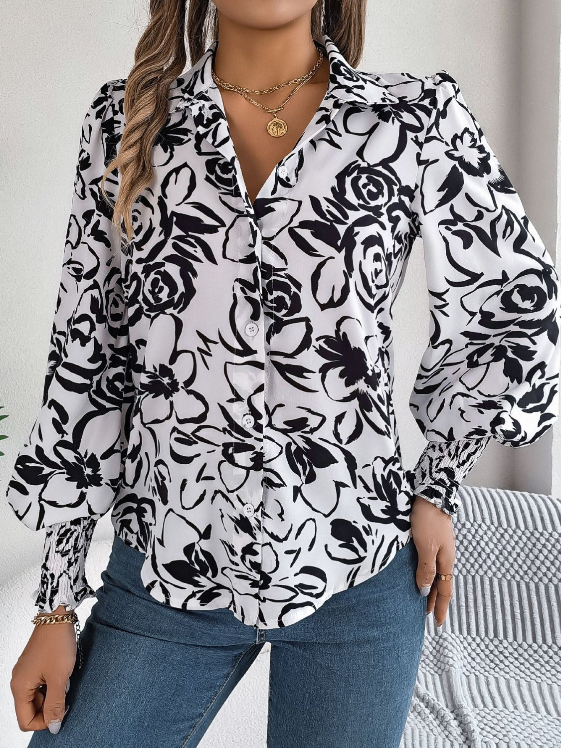 Printed Collared Neck Lantern Sleeve Shirt – product image 7