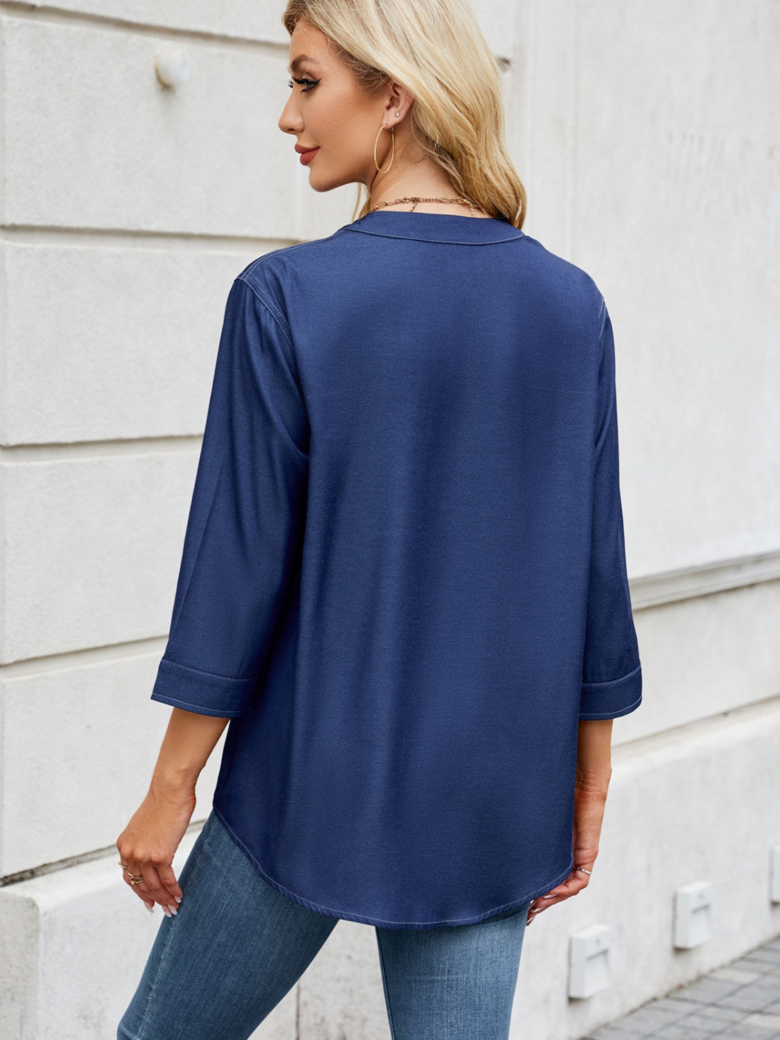 Notched Three-Quarter Sleeve Denim Top – product image 9
