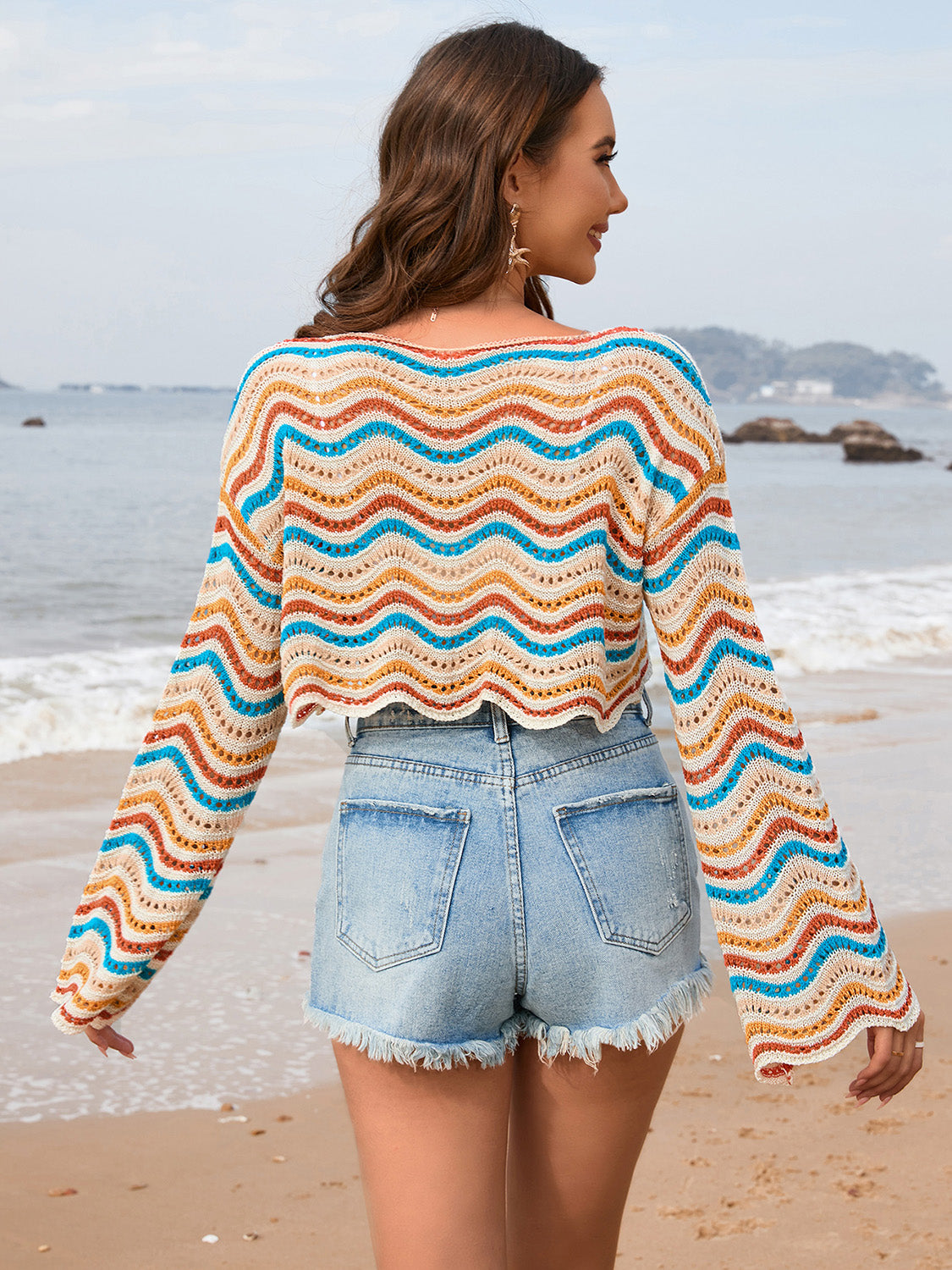 Striped Boat Neck Long Sleeve Cover Up – product image 10