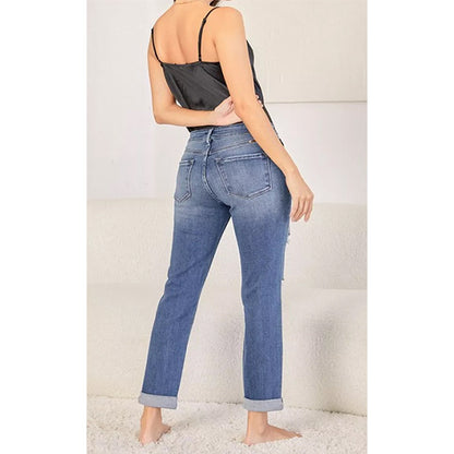 Womens Fashionable Slim-Fit Straight-Leg Ripped Cuffed Denim Jeans